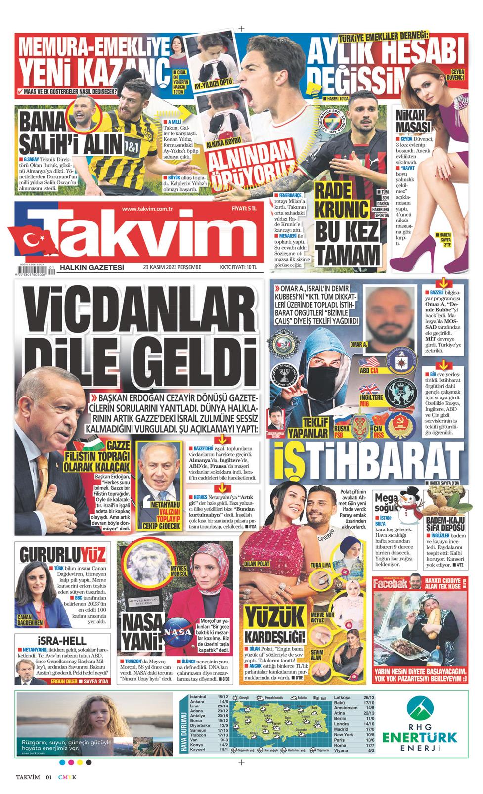 23 Kasım 2023 Perşembe - Takvim gazetesi manşet