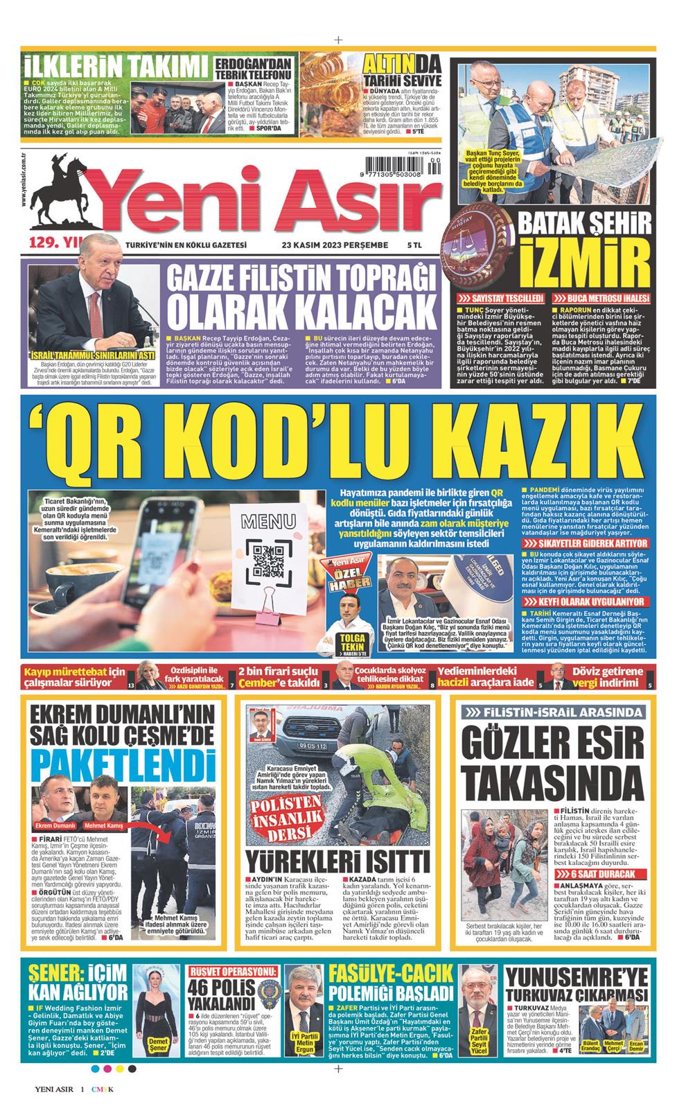 23 Kasım 2023 Perşembe - Yeni Asır gazetesi manşet
