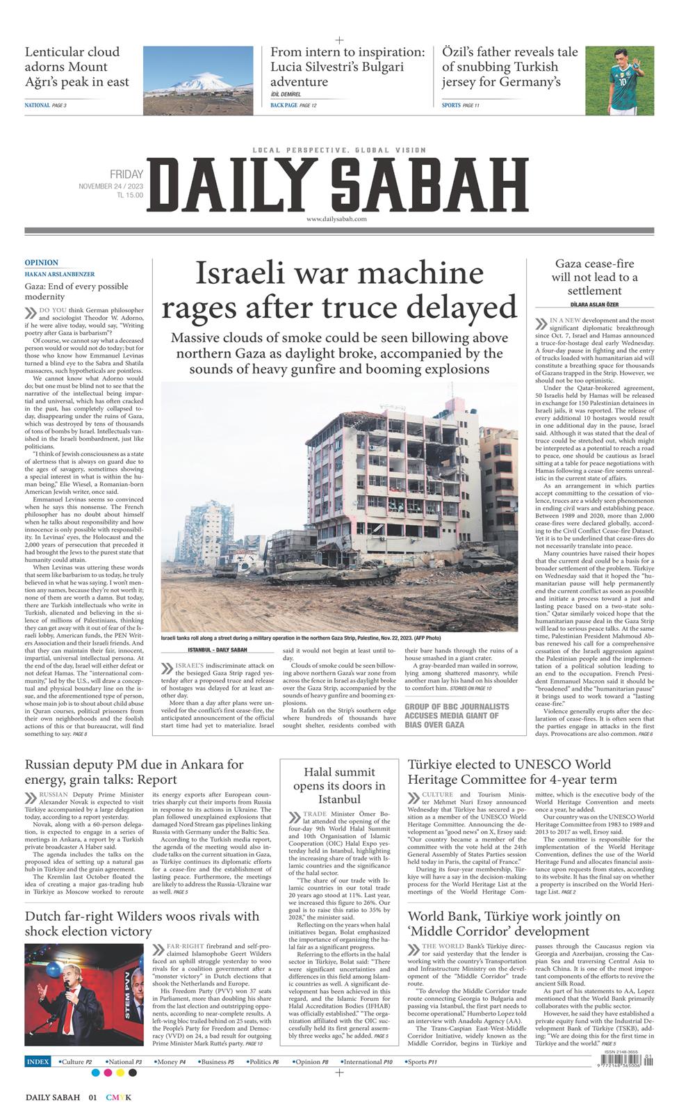24 Kasım 2023 Cuma - Daily Sabah gazetesi manşet