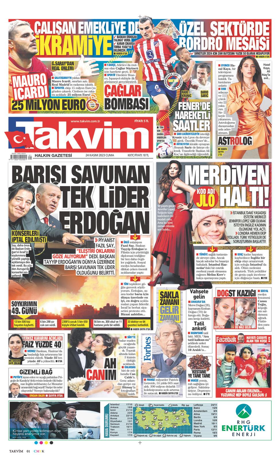 24 Kasım 2023 Cuma - Takvim gazetesi manşet