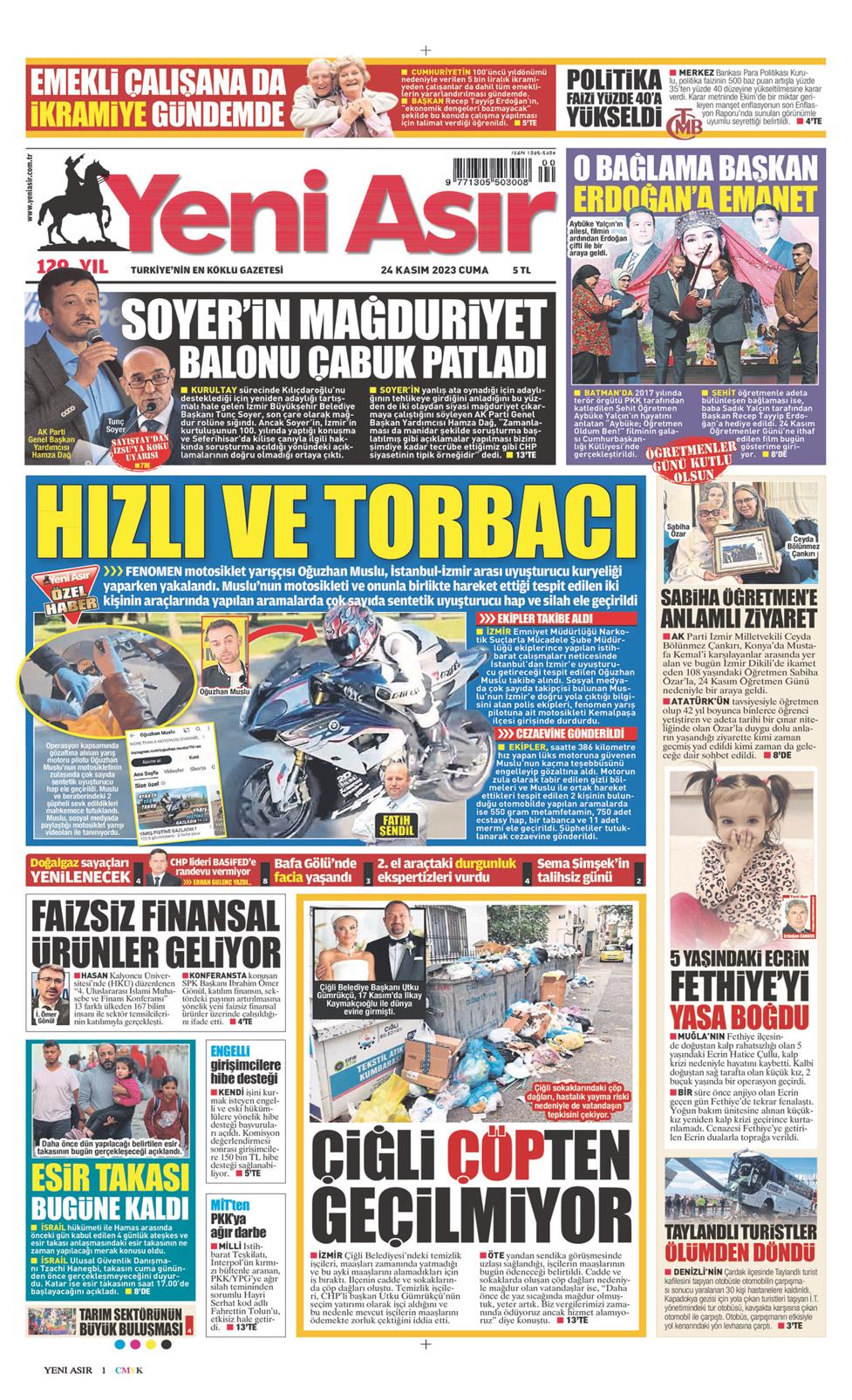 24 Kasım 2023 Cuma - Yeni Asır gazetesi manşet