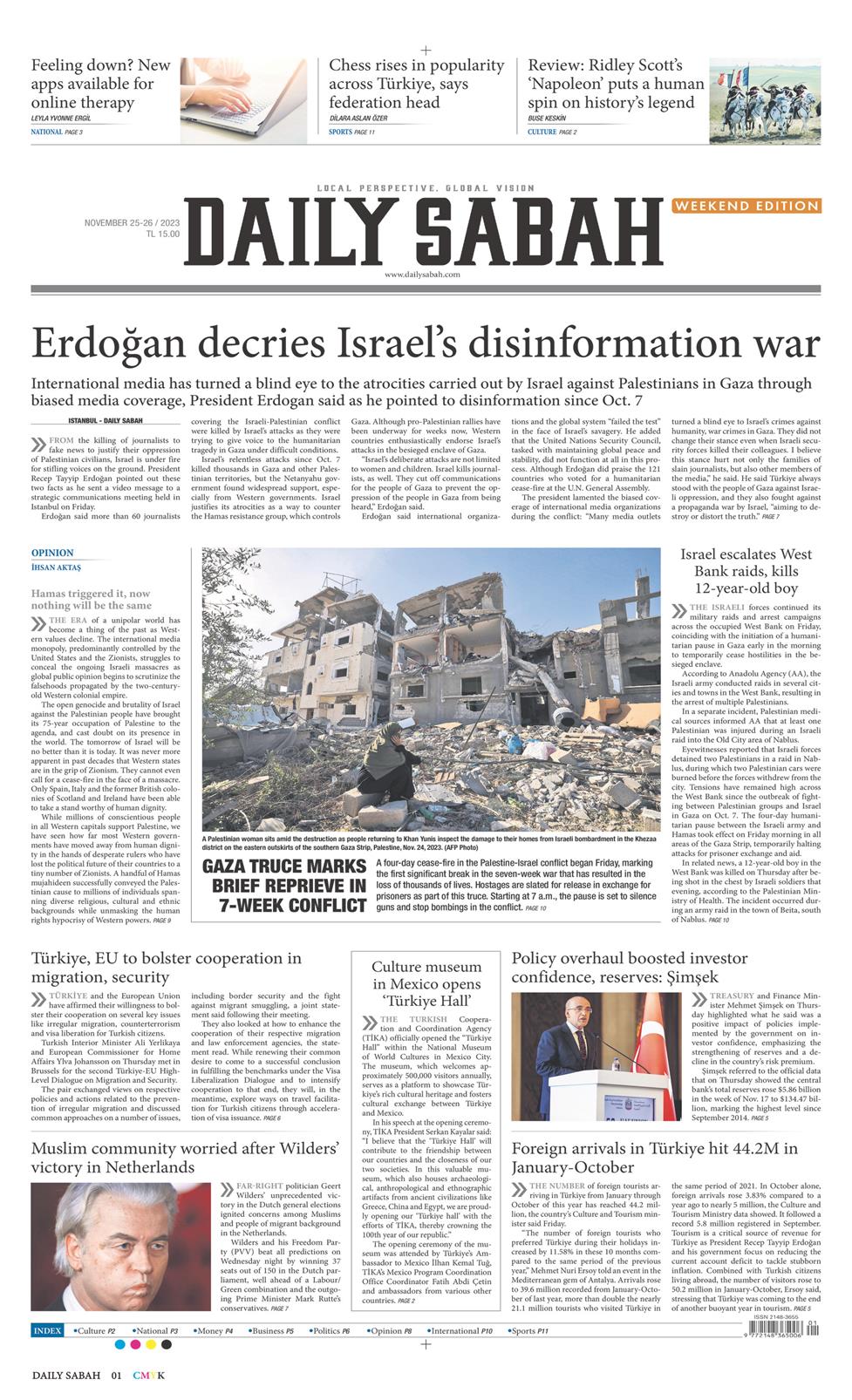25 Kasım 2023 Cumartesi - Daily Sabah gazetesi manşet