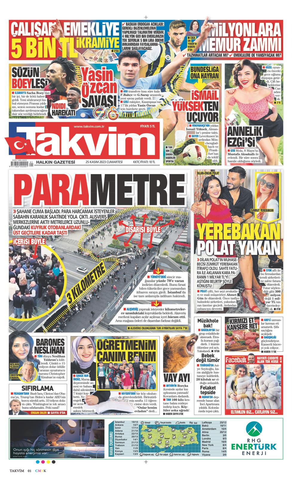 25 Kasım 2023 Cumartesi - Takvim gazetesi manşet