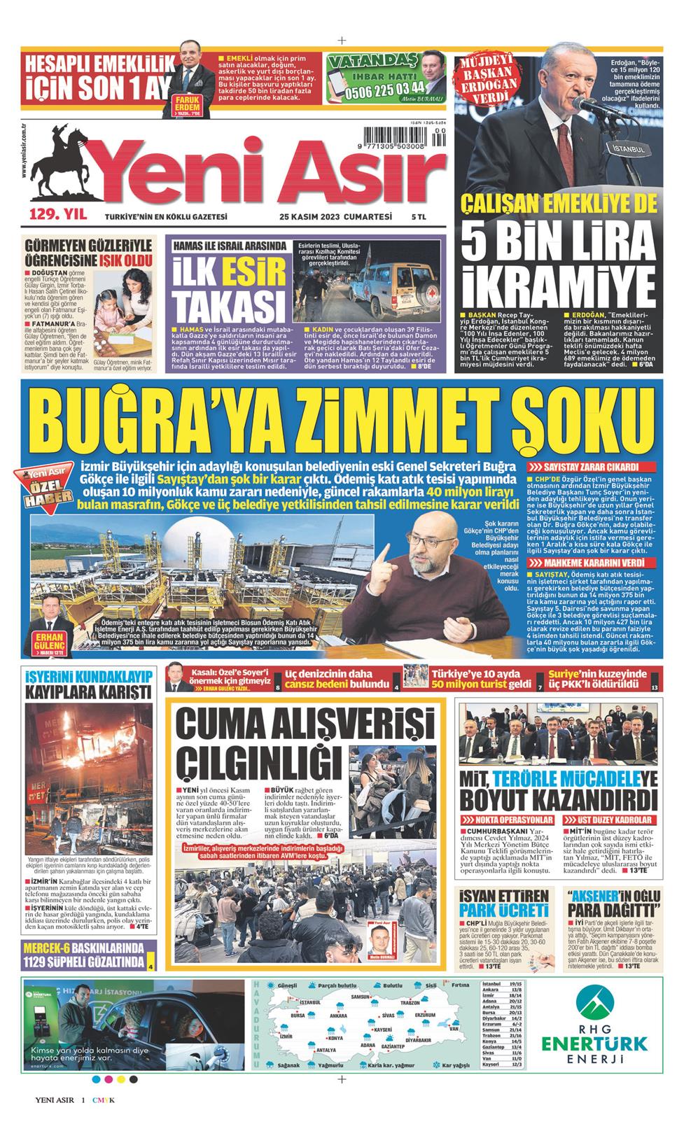 25 Kasım 2023 Cumartesi - Yeni Asır gazetesi manşet