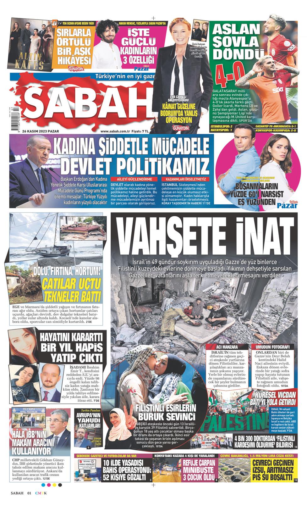 26 Kasım 2023 Pazar - Sabah gazetesi manşet