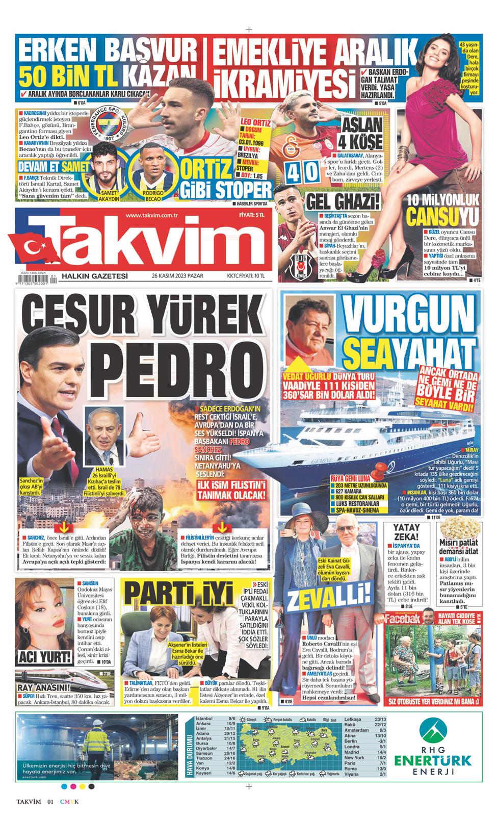 26 Kasım 2023 Pazar - Takvim gazetesi manşet