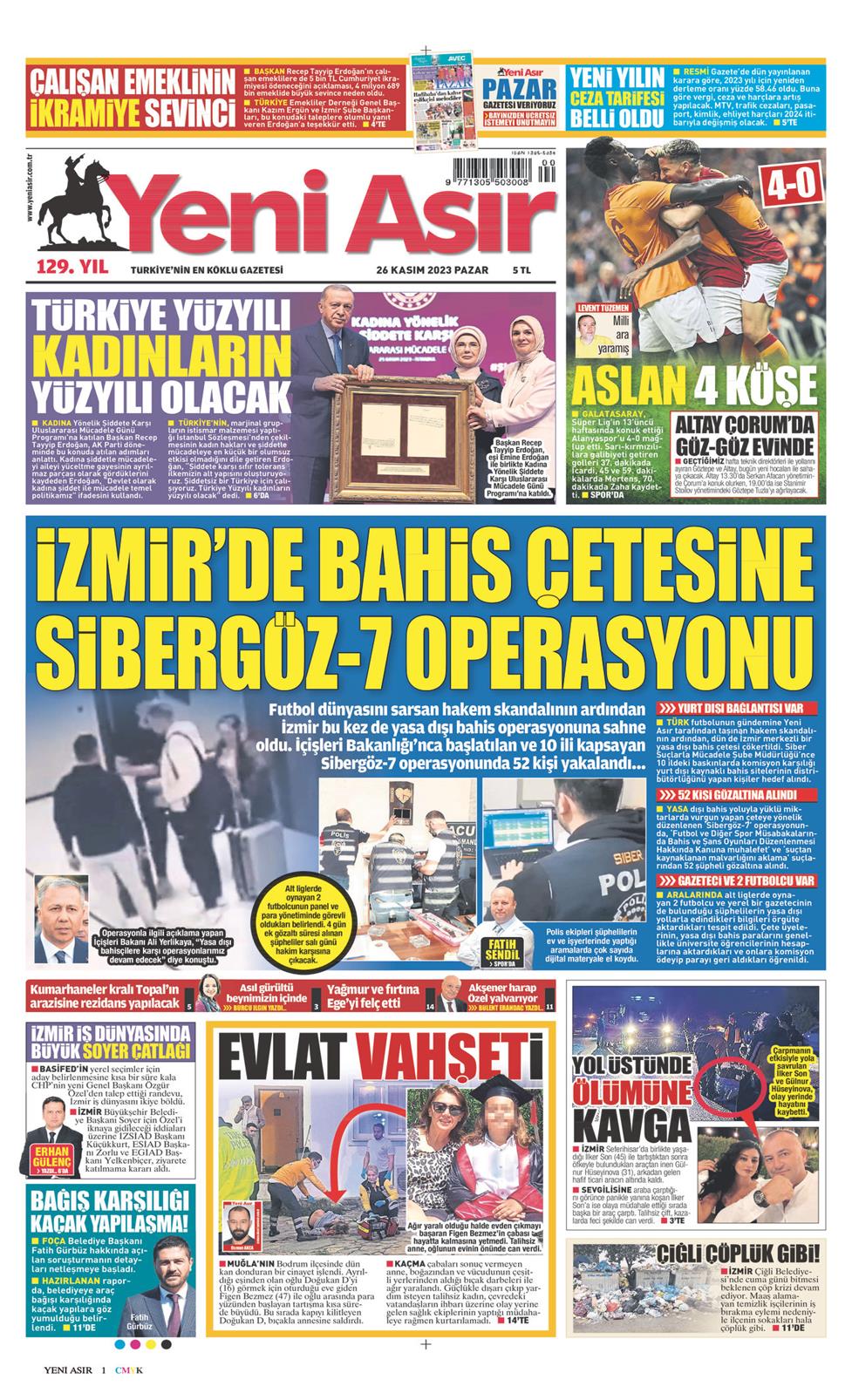 26 Kasım 2023 Pazar - Yeni Asır gazetesi manşet