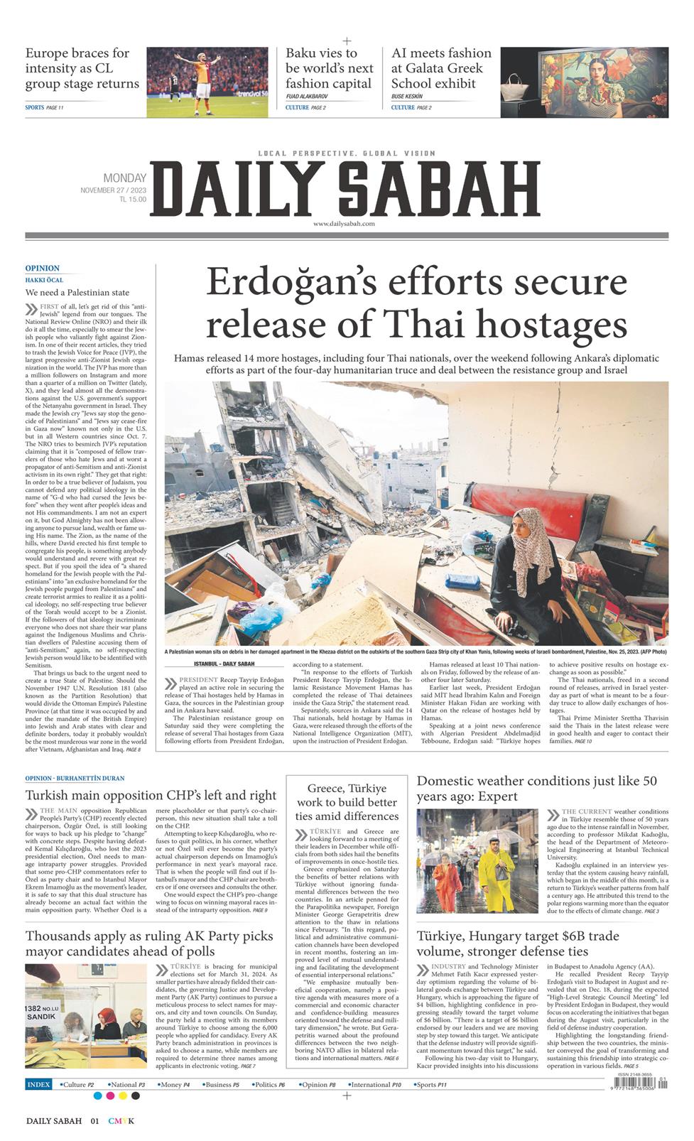 27 Kasım 2023 Pazartesi - Daily Sabah gazetesi manşet