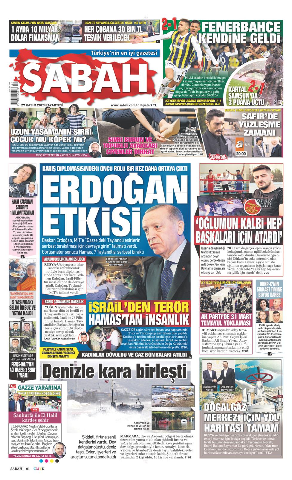 27 Kasım 2023 Pazartesi - Sabah gazetesi manşet