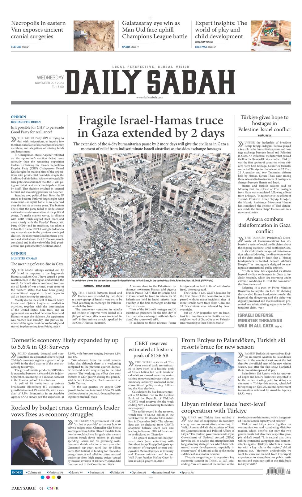 29 Kasım 2023 Çarşamba - Daily Sabah gazetesi manşet