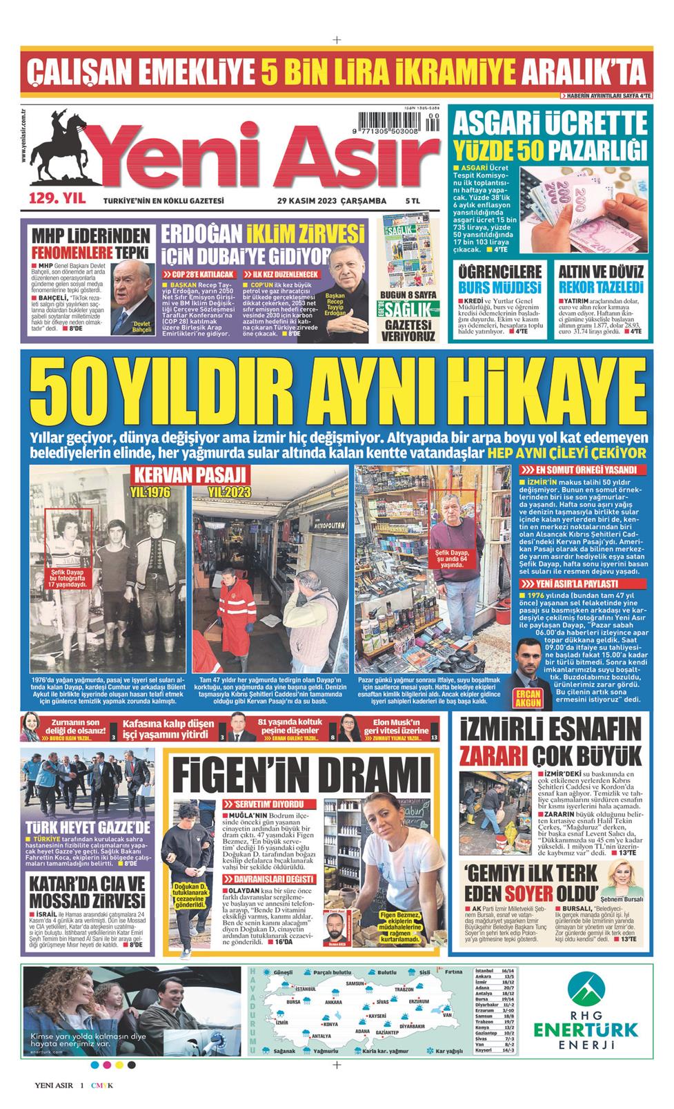 29 Kasım 2023 Çarşamba - Yeni Asır gazetesi manşet