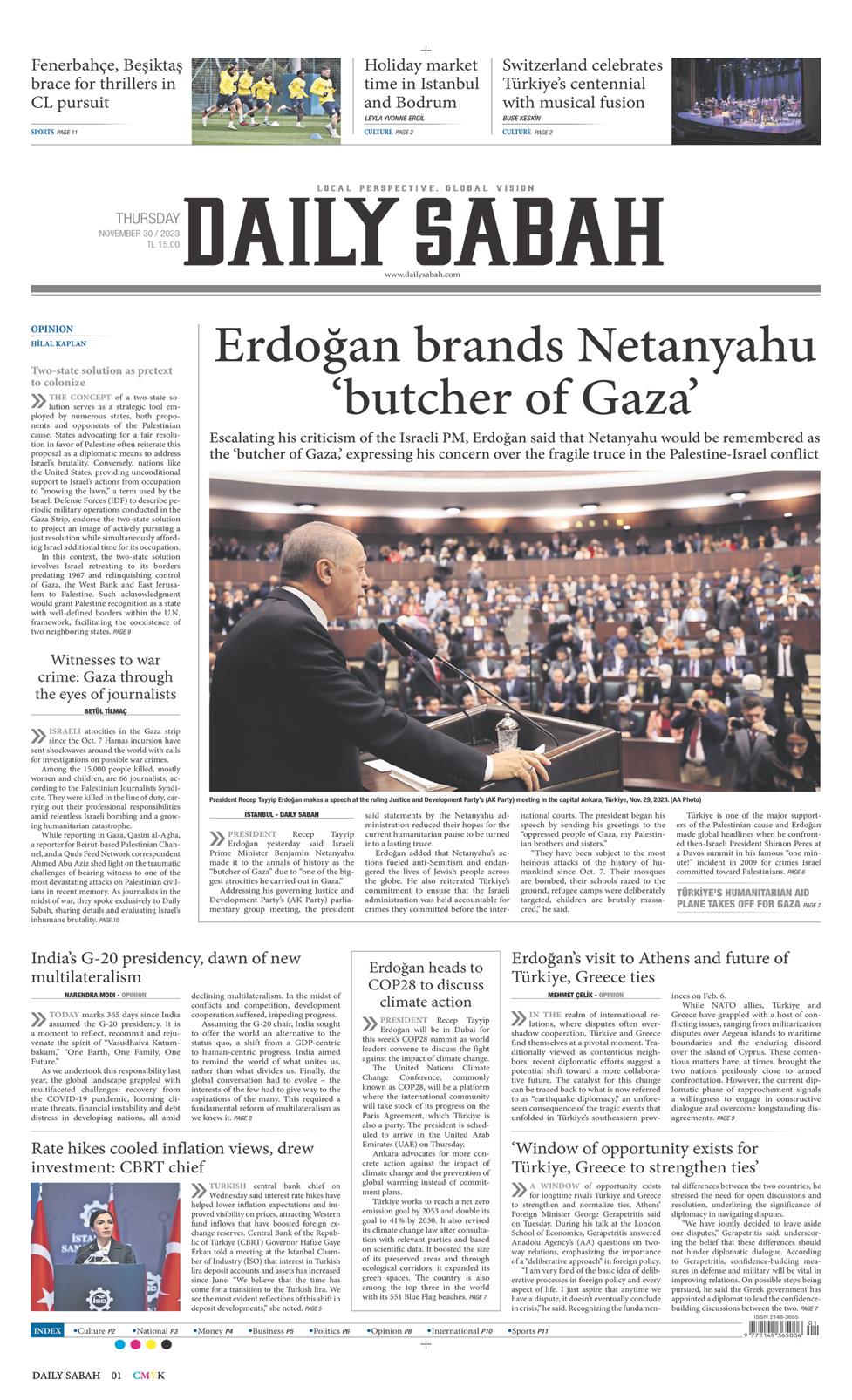 30 Kasım 2023 Perşembe - Daily Sabah gazetesi manşet