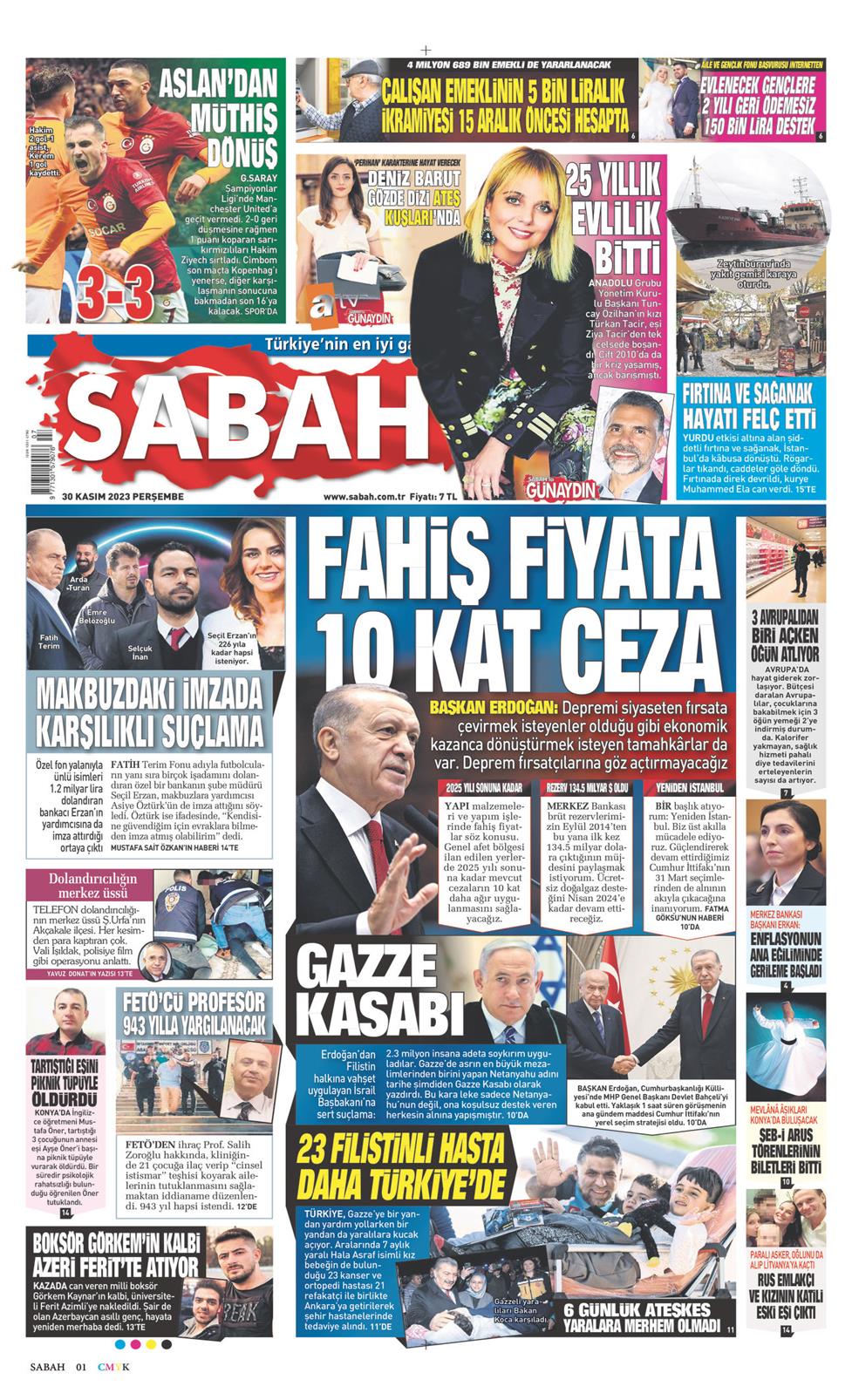 30 Kasım 2023 Perşembe - Sabah gazetesi manşet