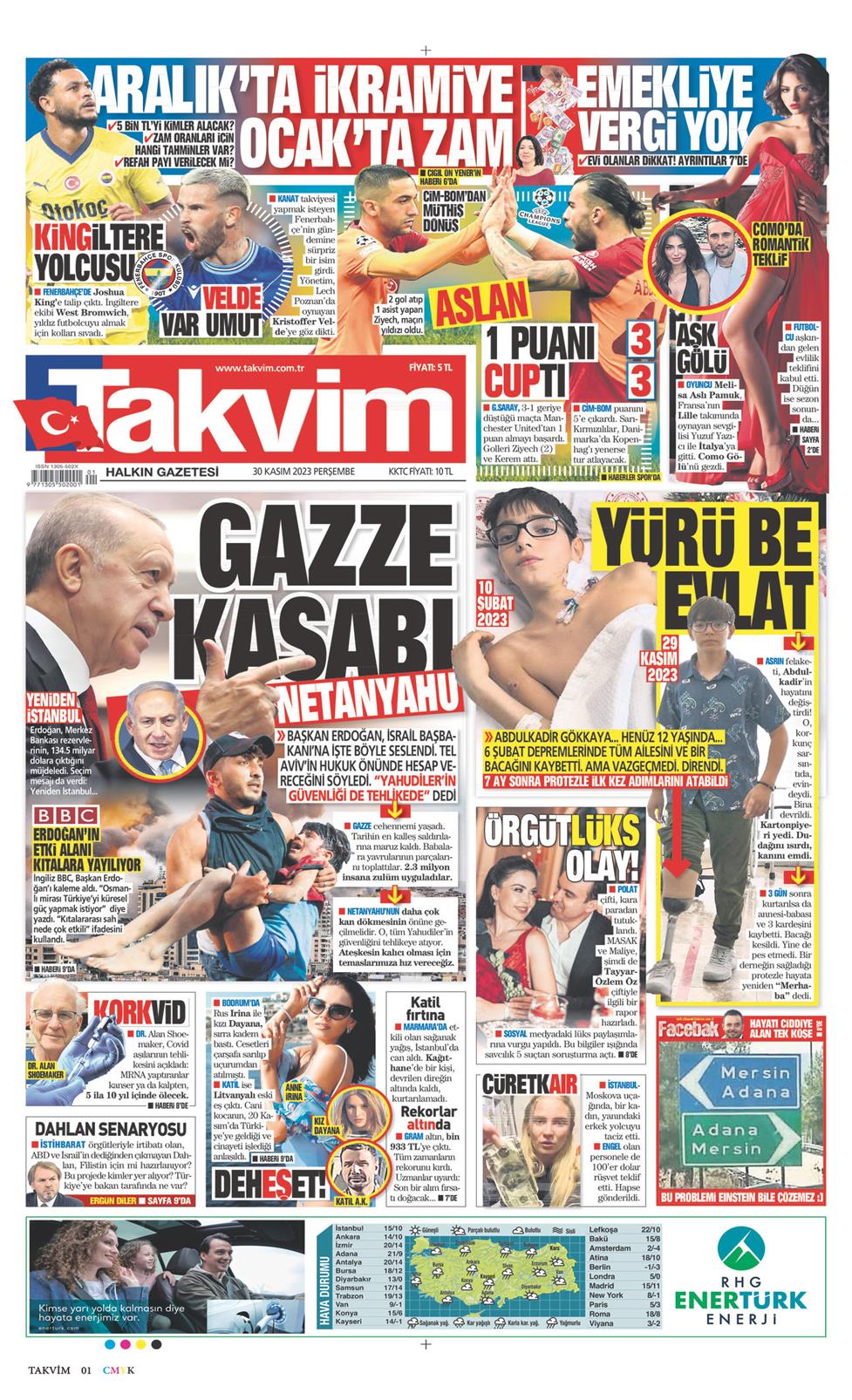 30 Kasım 2023 Perşembe - Takvim gazetesi manşet