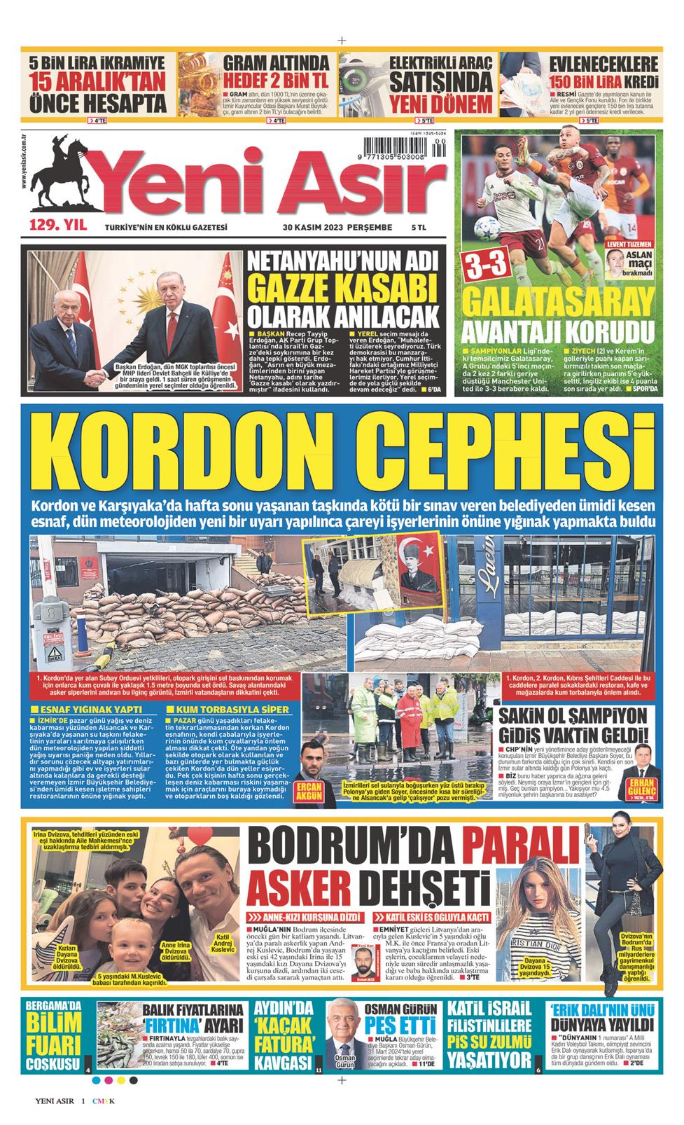 30 Kasım 2023 Perşembe - Yeni Asır gazetesi manşet
