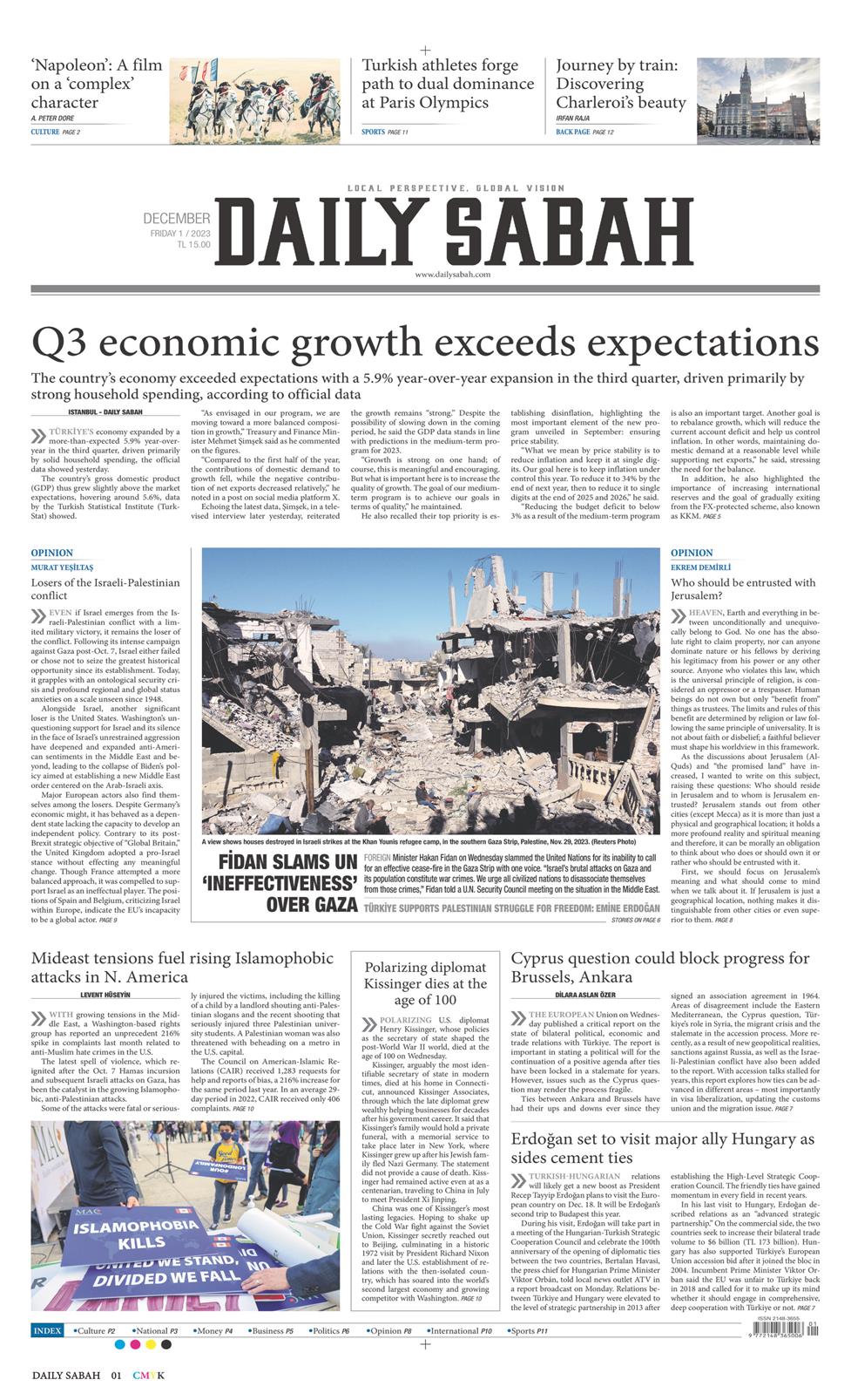01 Aralık 2023 Cuma - Daily Sabah gazetesi manşet