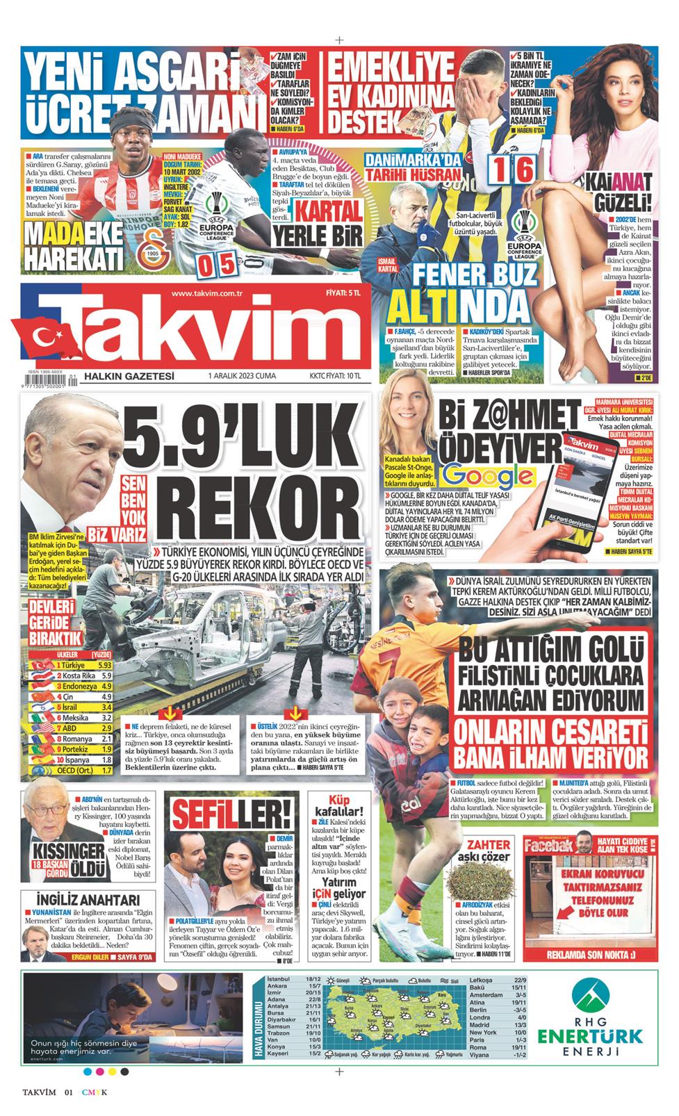 01 Aralık 2023 Cuma - Takvim gazetesi manşet