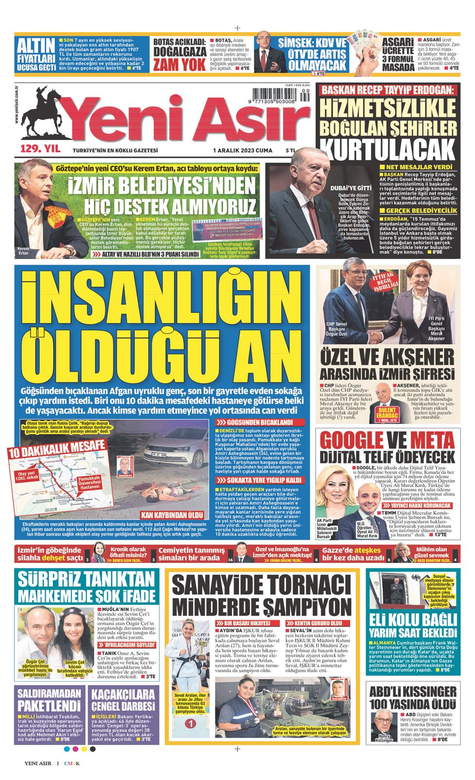 01 Aralık 2023 Cuma - Yeni Asır gazetesi manşet