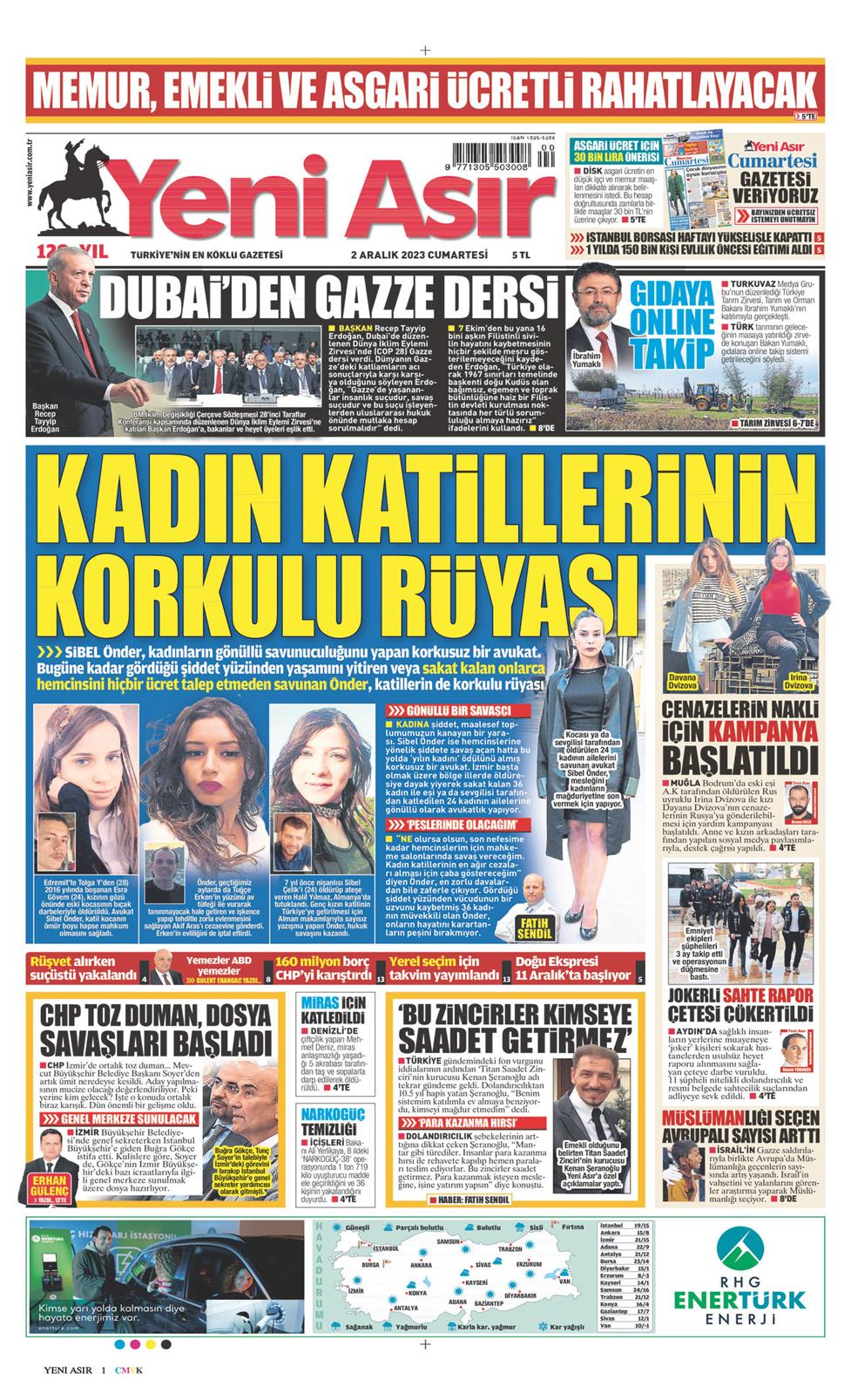02 Aralık 2023 Cumartesi - Yeni Asır gazetesi manşet