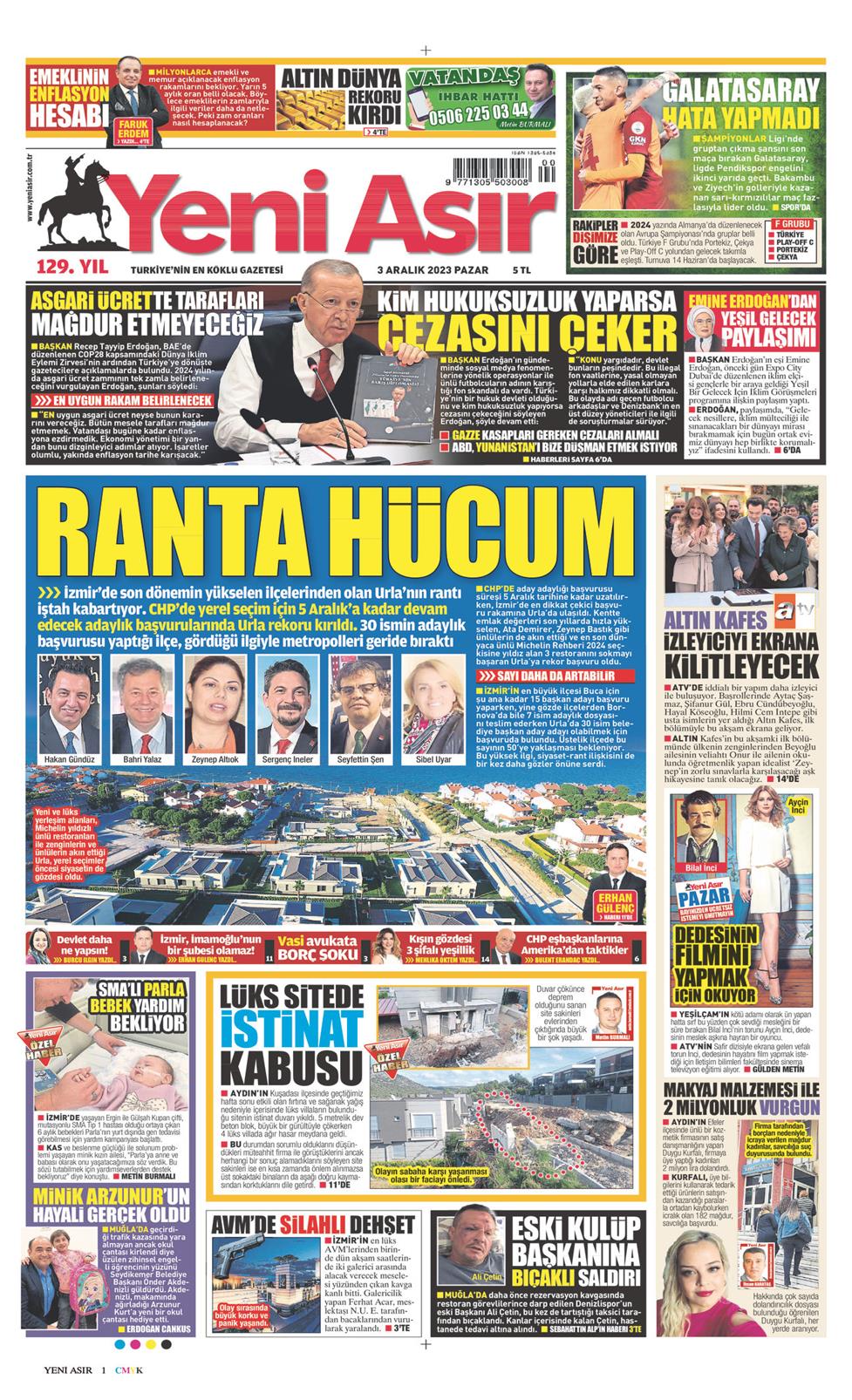 03 Aralık 2023 Pazar - Yeni Asır gazetesi manşet