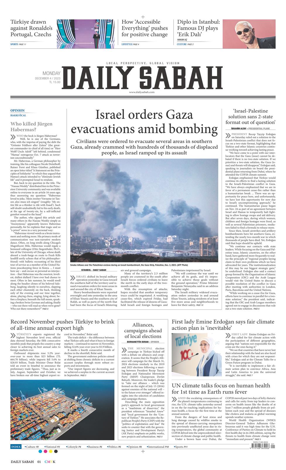 04 Aralık 2023 Pazartesi - Daily Sabah gazetesi manşet