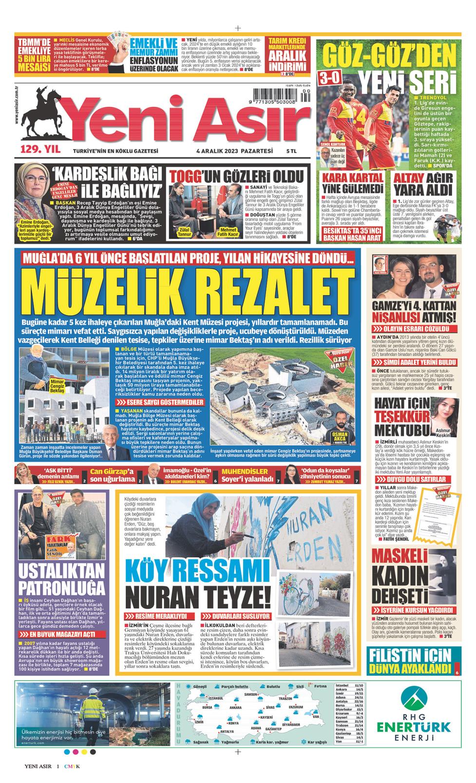 04 Aralık 2023 Pazartesi - Yeni Asır gazetesi manşet