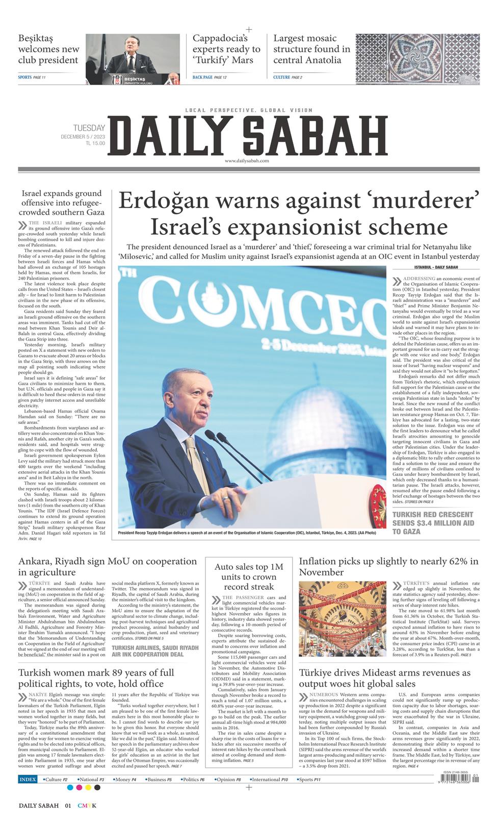 05 Aralık 2023 Salı - Daily Sabah gazetesi manşet