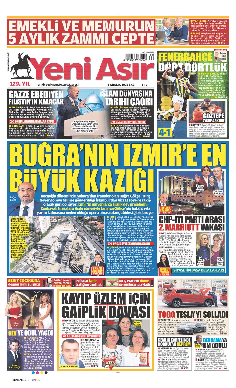 05 Aralık 2023 Salı - Yeni Asır gazetesi manşet