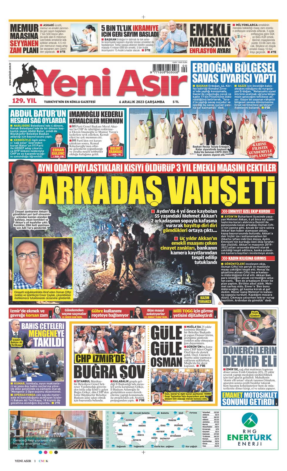 06 Aralık 2023 Çarşamba - Yeni Asır gazetesi manşet