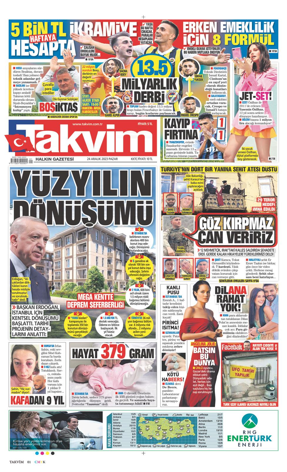 Takvim Gazetesi 24 Aralık 2023, Pazar Günü Manşeti