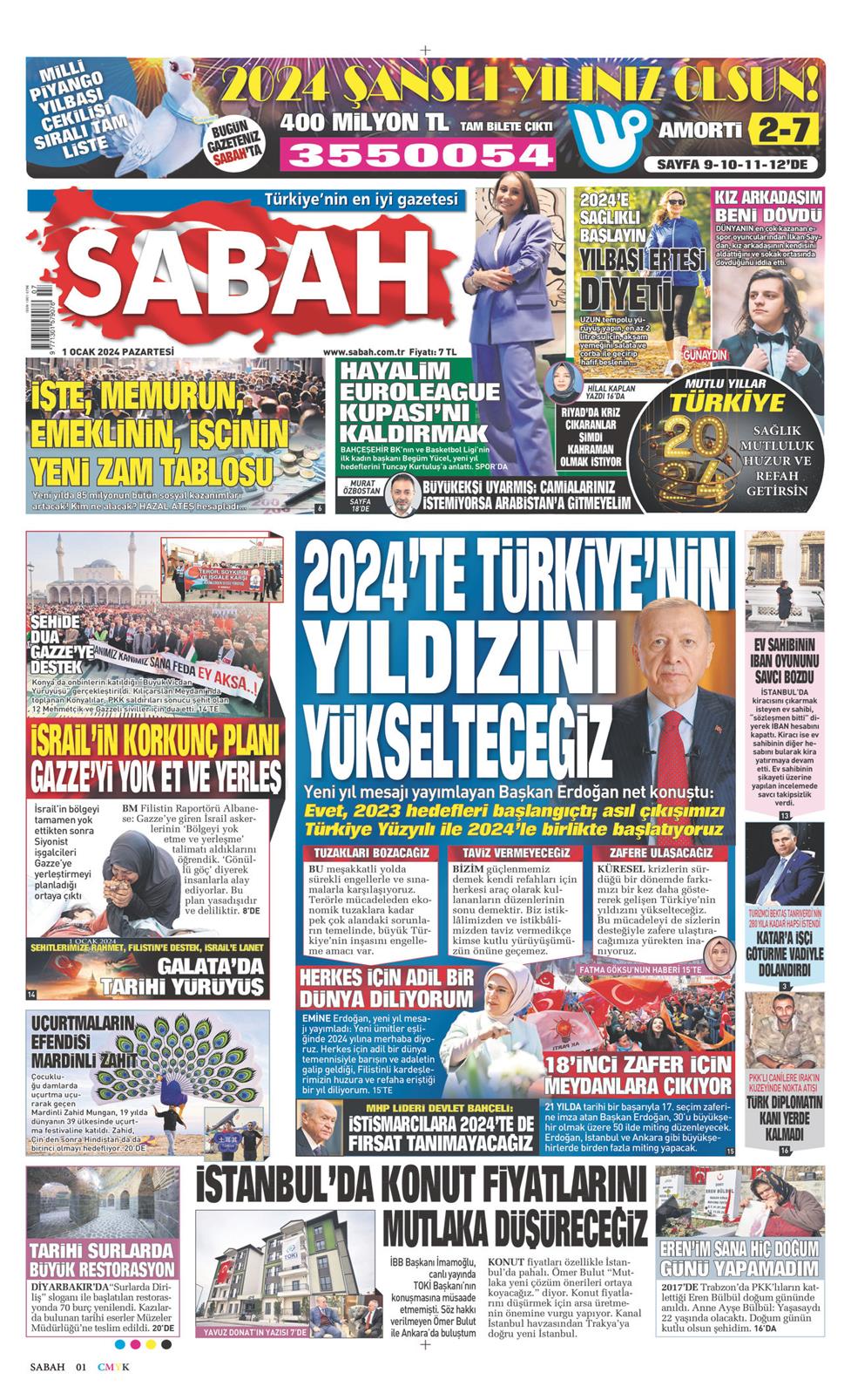 Sabah Gazetesi 1 Ocak 2024, Pazartesi Günü Manşeti