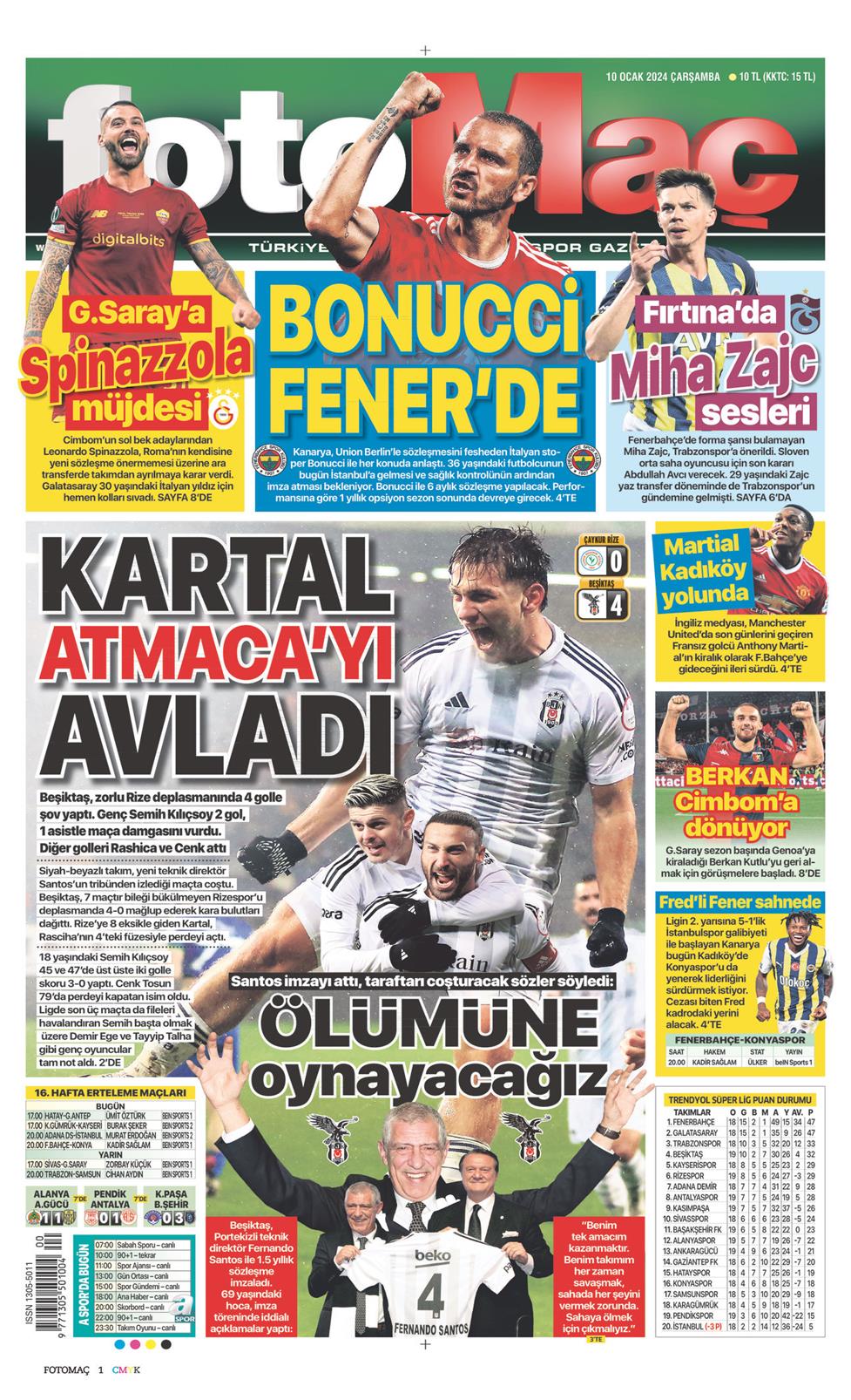 10 Ocak 2024 Çarşamba - Fotomaç gazetesi manşet
