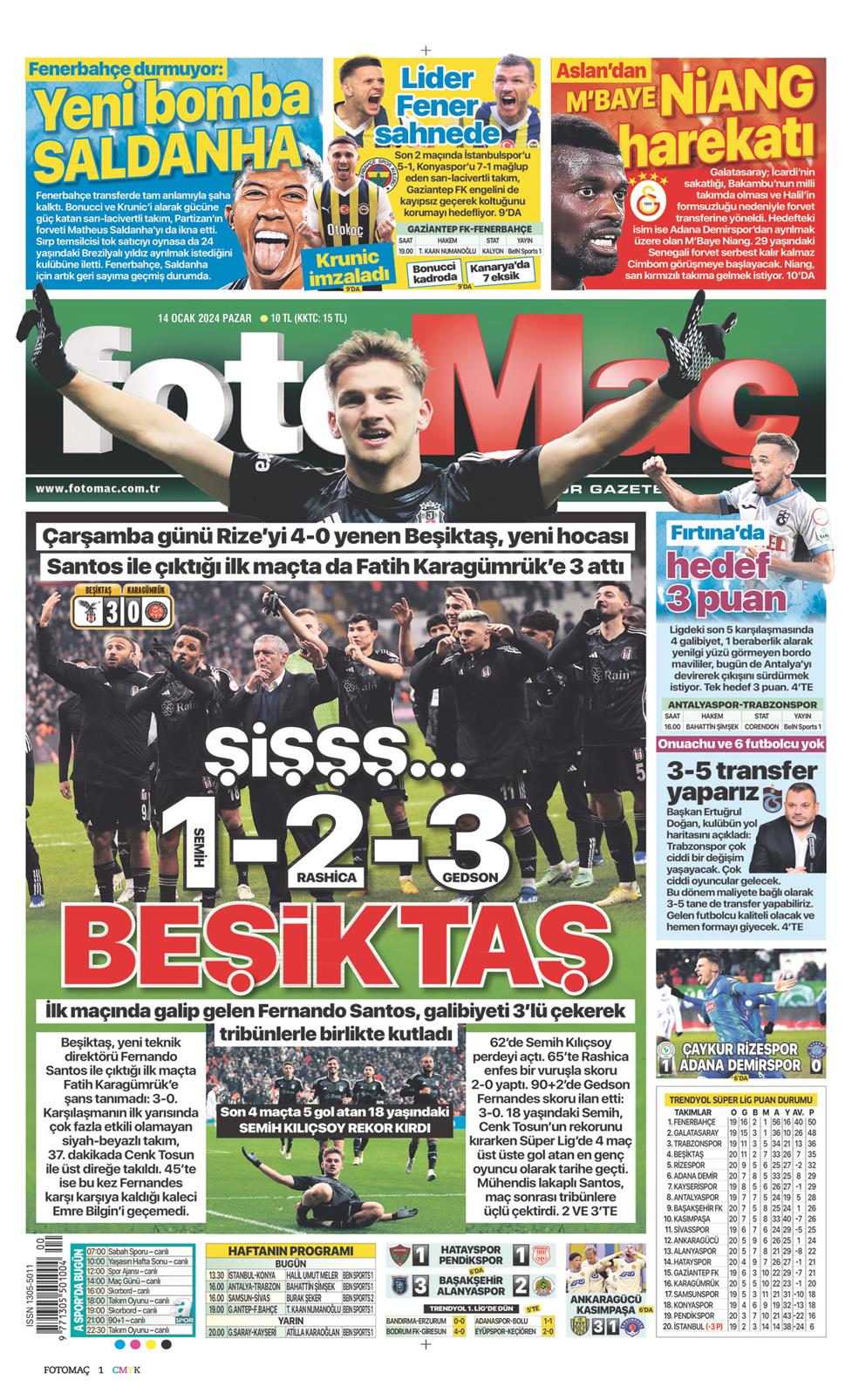 14 Ocak 2024 Pazar - Fotomaç gazetesi manşet