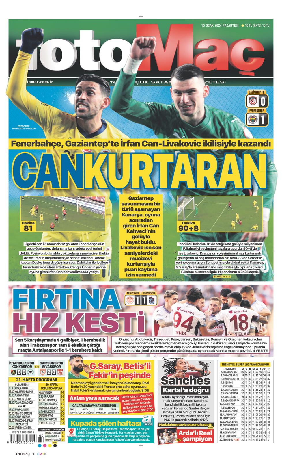 15 Ocak 2024 Pazartesi - Fotomaç gazetesi manşet
