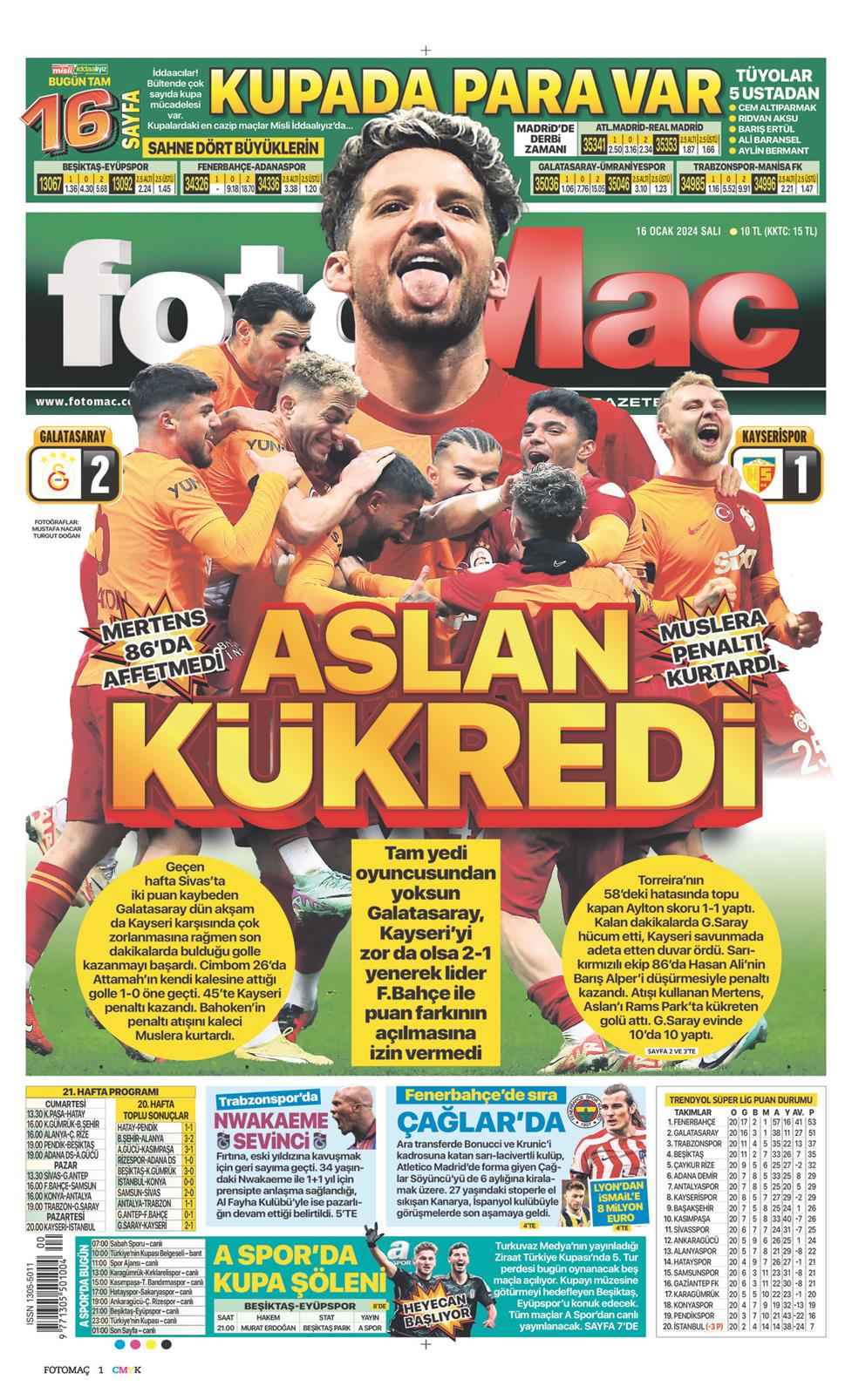 16 Ocak 2024 Salı - Fotomaç gazetesi manşet