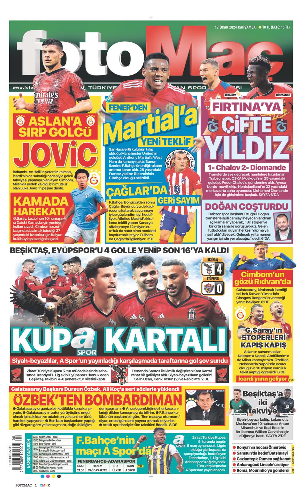 17 Ocak 2024 Çarşamba - Fotomaç gazetesi manşet