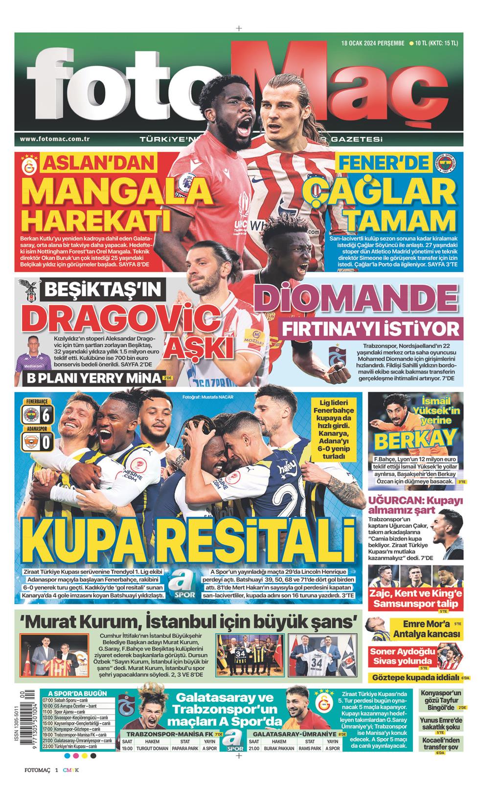 18 Ocak 2024 Perşembe - Fotomaç gazetesi manşet