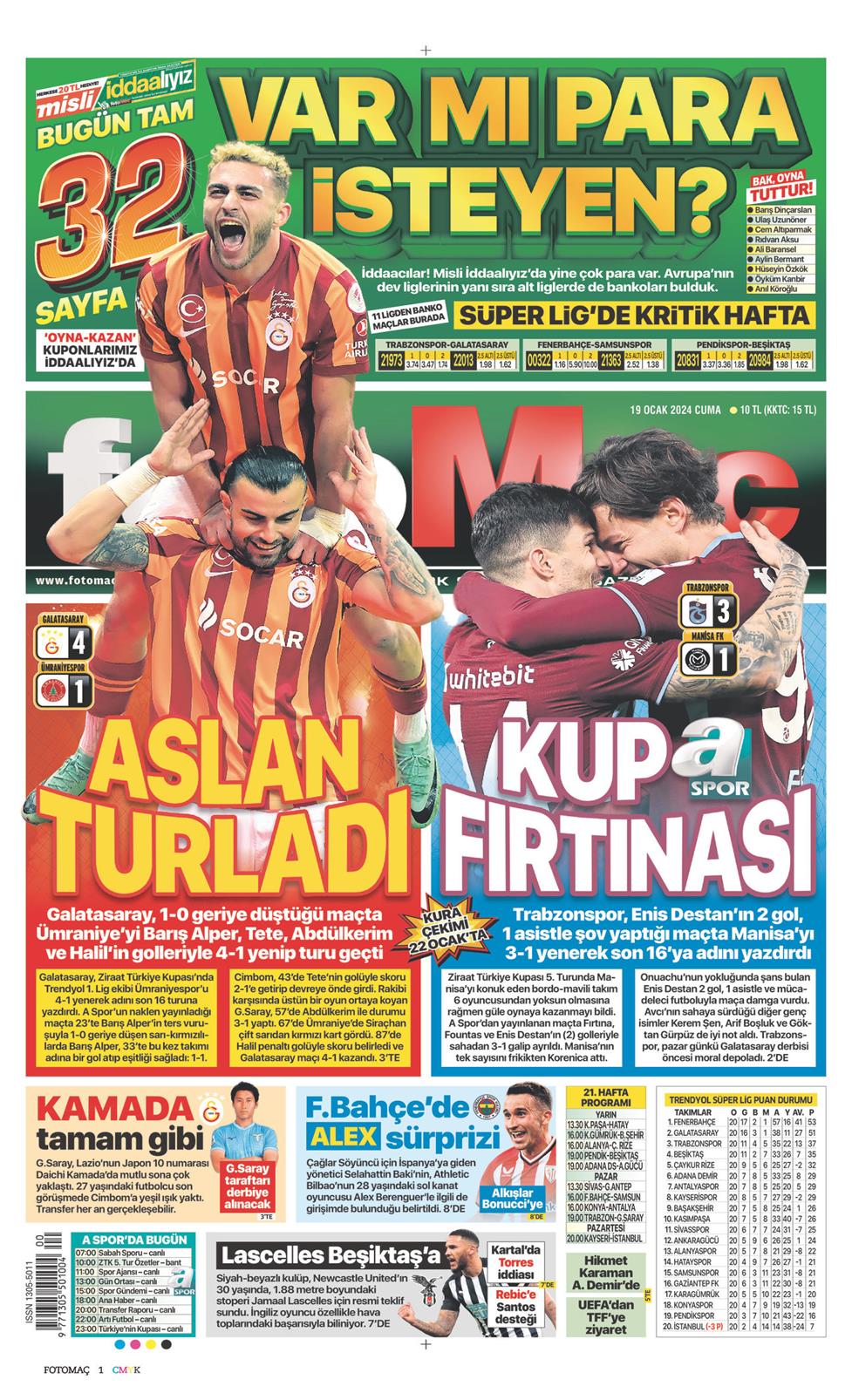 19 Ocak 2024 Cuma - Fotomaç gazetesi manşet
