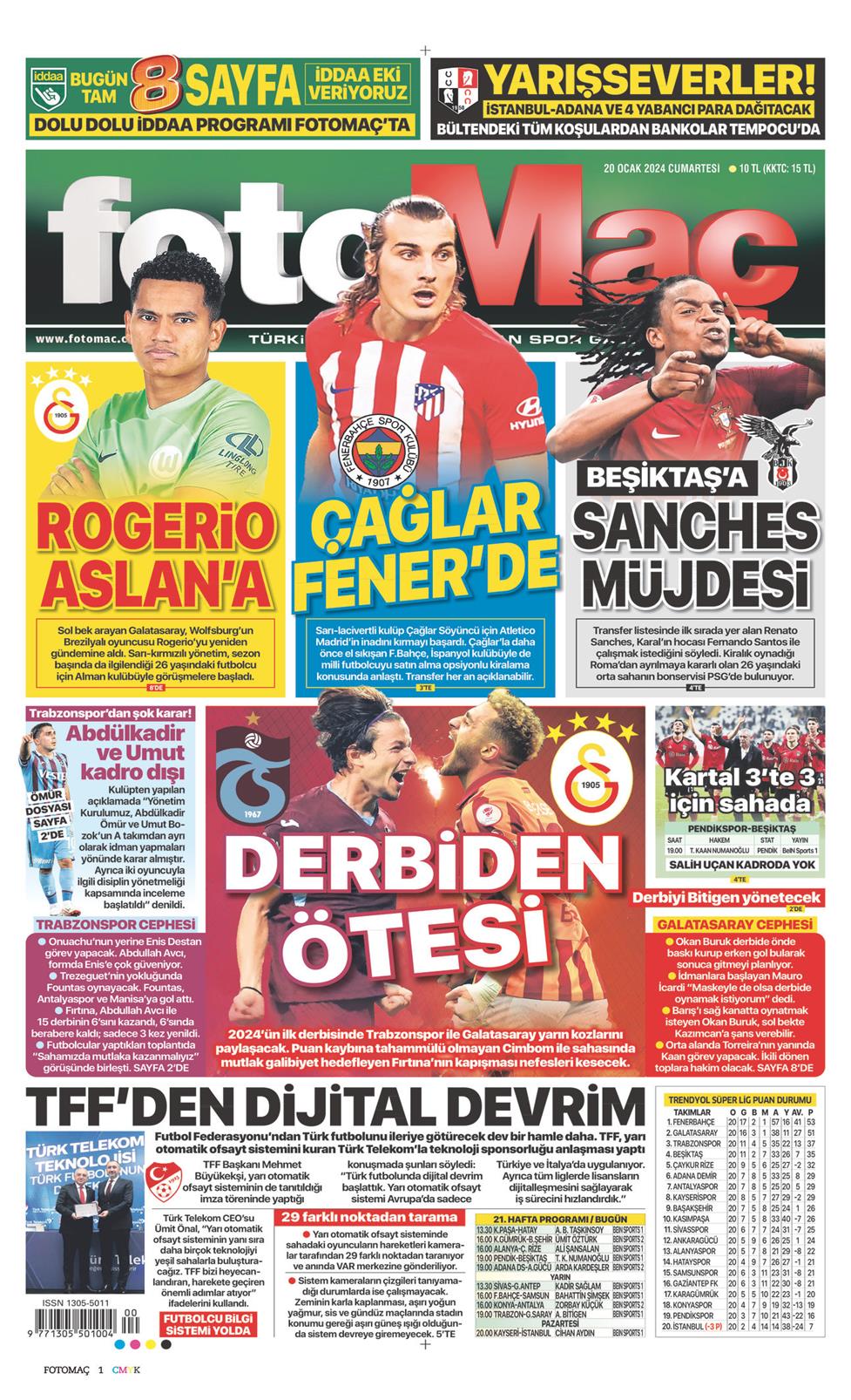 20 Ocak 2024 Cumartesi - Fotomaç gazetesi manşet