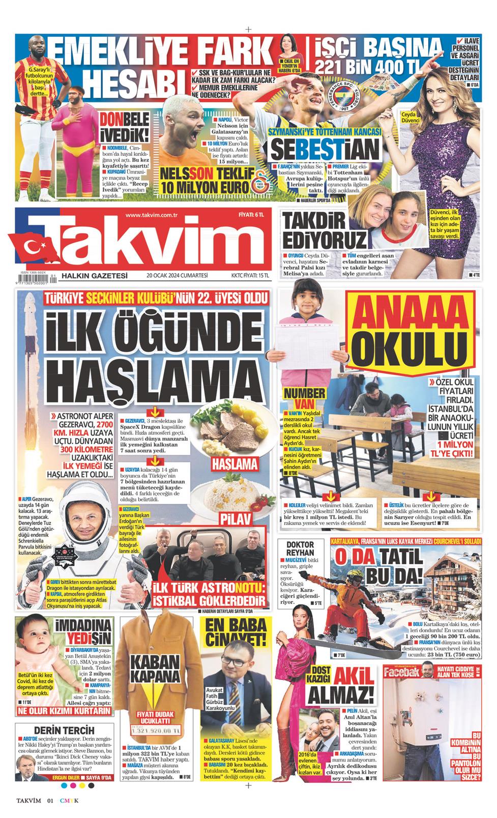 20 Ocak 2024 Cumartesi - Takvim gazetesi manşet