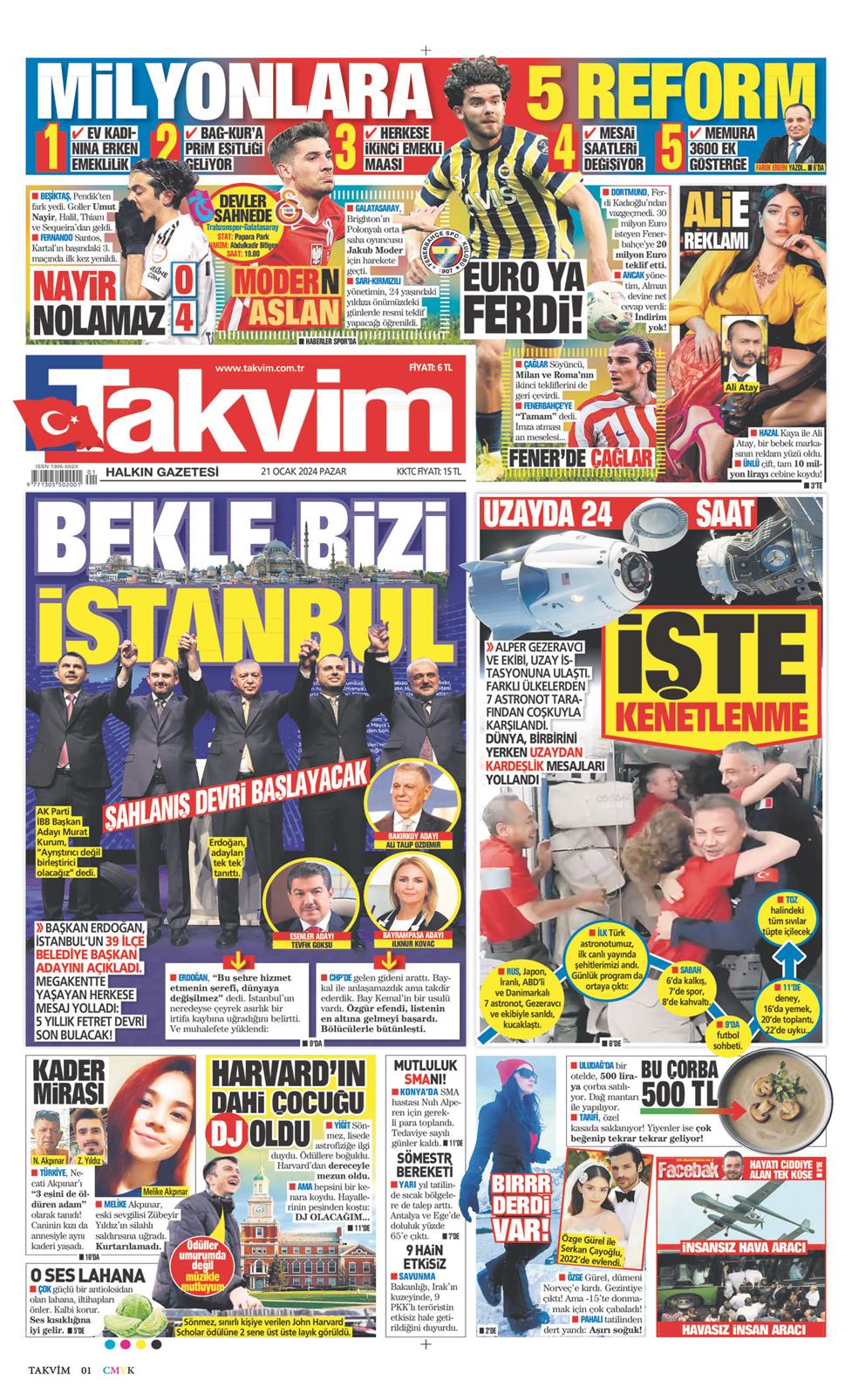 21 Ocak 2024 Pazar - Takvim gazetesi manşet