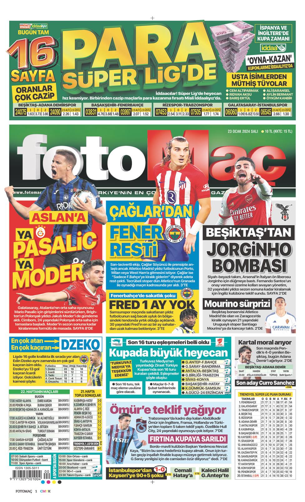 23 Ocak 2024 Salı - Fotomaç gazetesi manşet