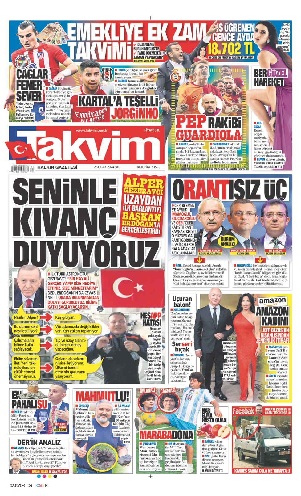 23 Ocak 2024 Salı - Takvim gazetesi manşet