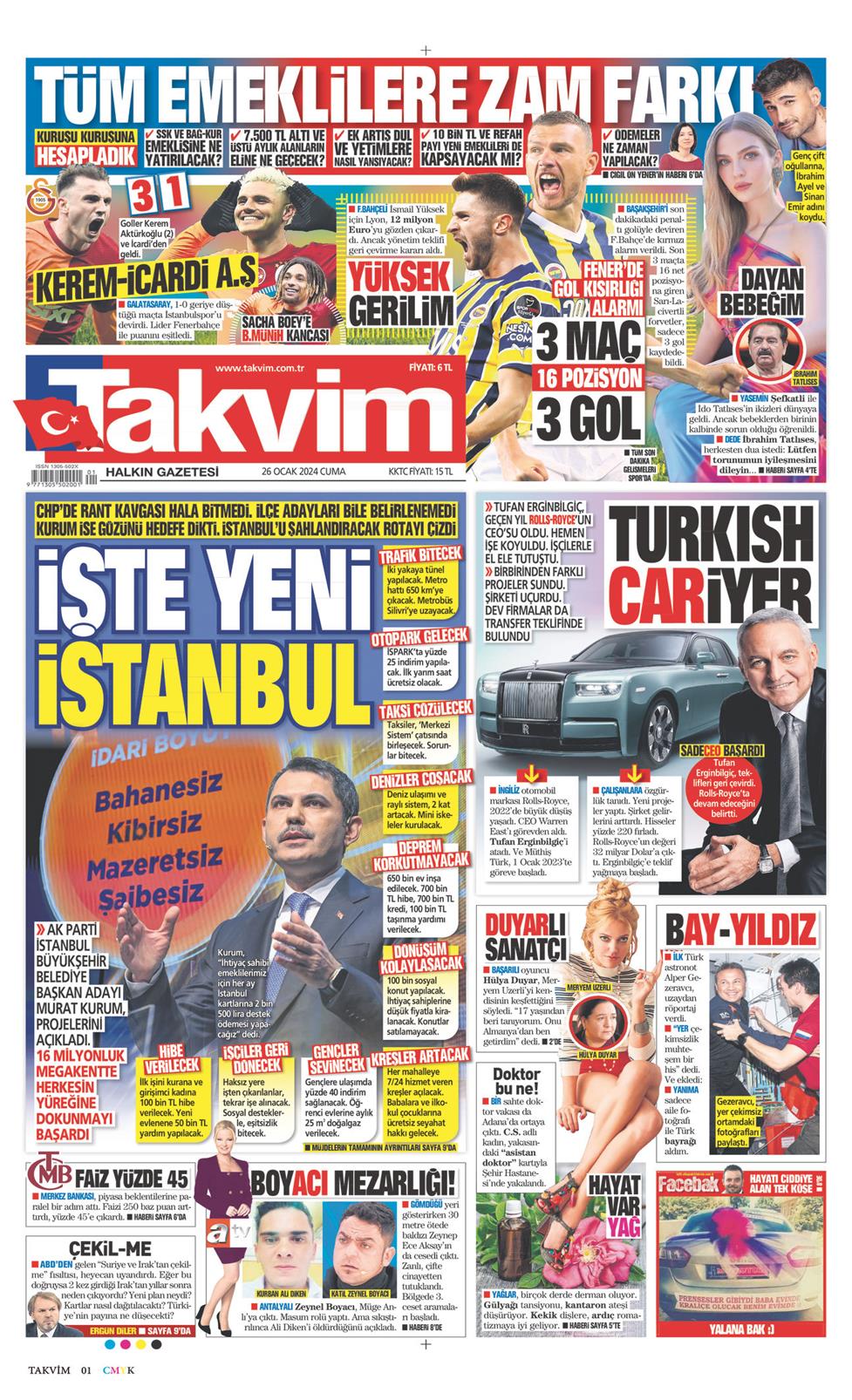 26 Ocak 2024 Cuma - Takvim gazetesi manşet