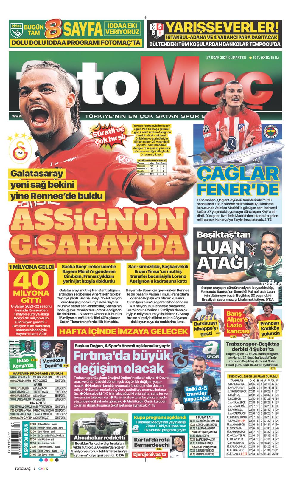 Fotomaç Gazetesi 27 Ocak 2024, Cumartesi Günü Manşeti