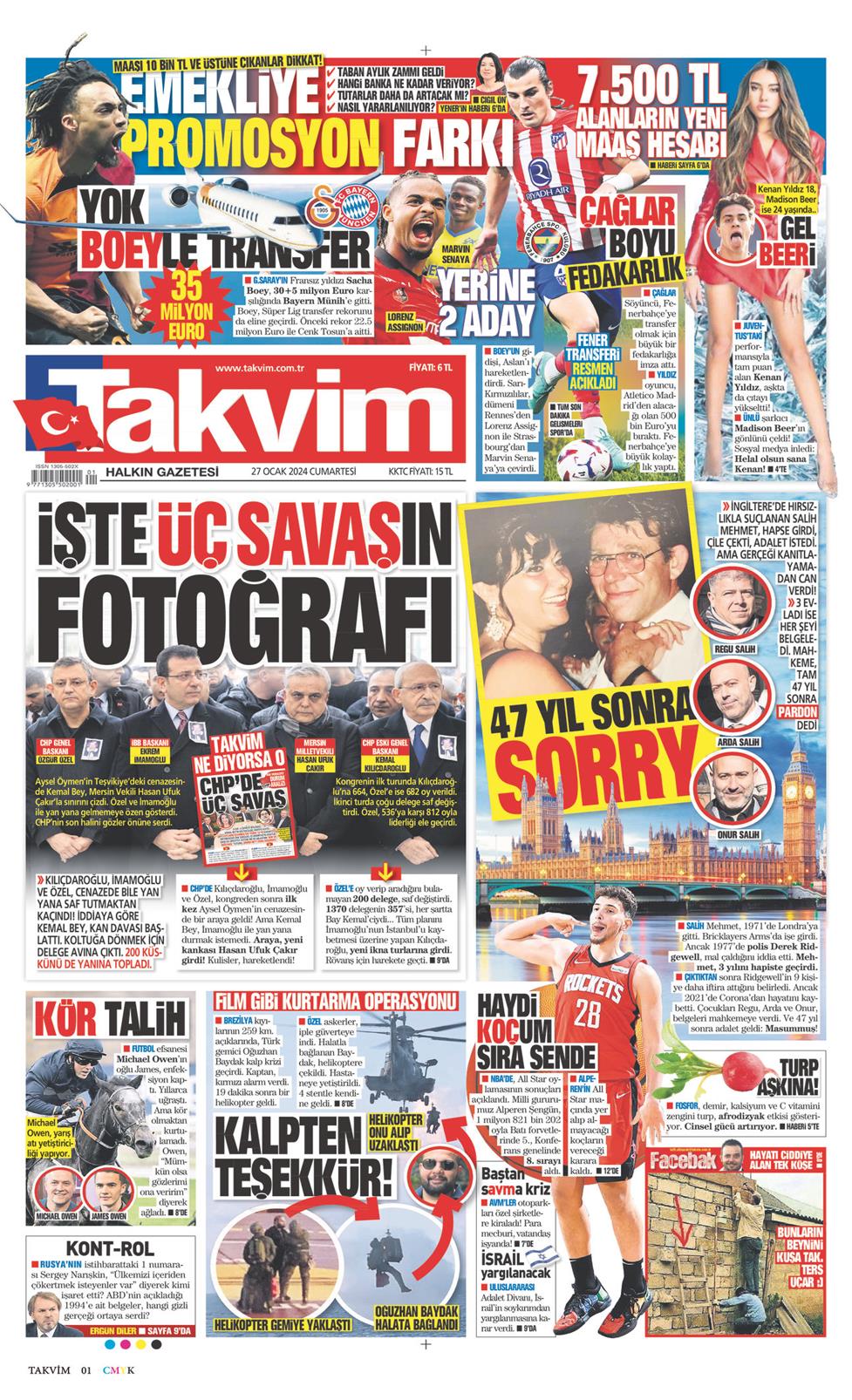 27 Ocak 2024 Cumartesi - Takvim gazetesi manşet