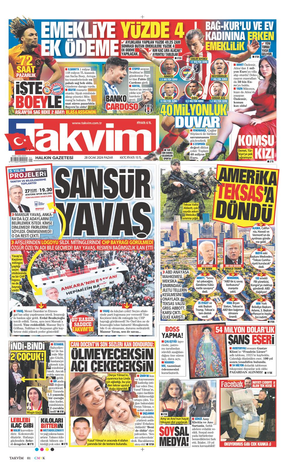 28 Ocak 2024 Pazar - Takvim gazetesi manşet