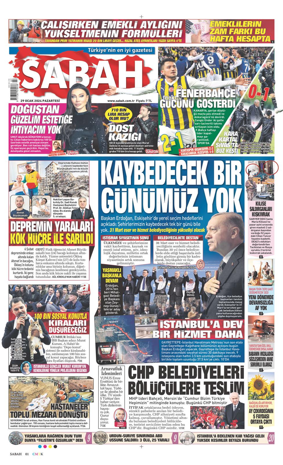 29 Ocak 2024 Pazartesi - Sabah gazetesi manşet