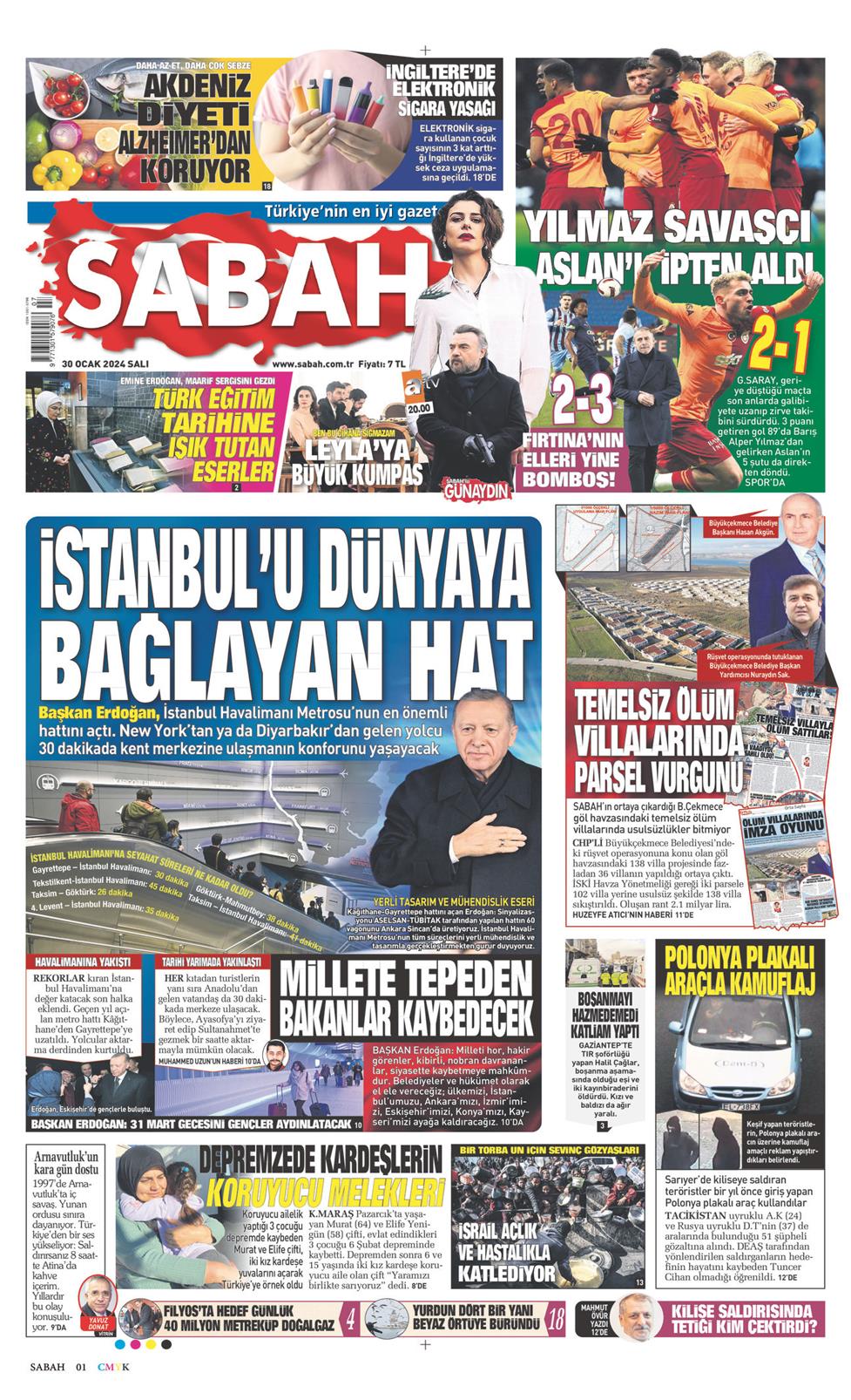 30 Ocak 2024 Salı - Sabah gazetesi manşet