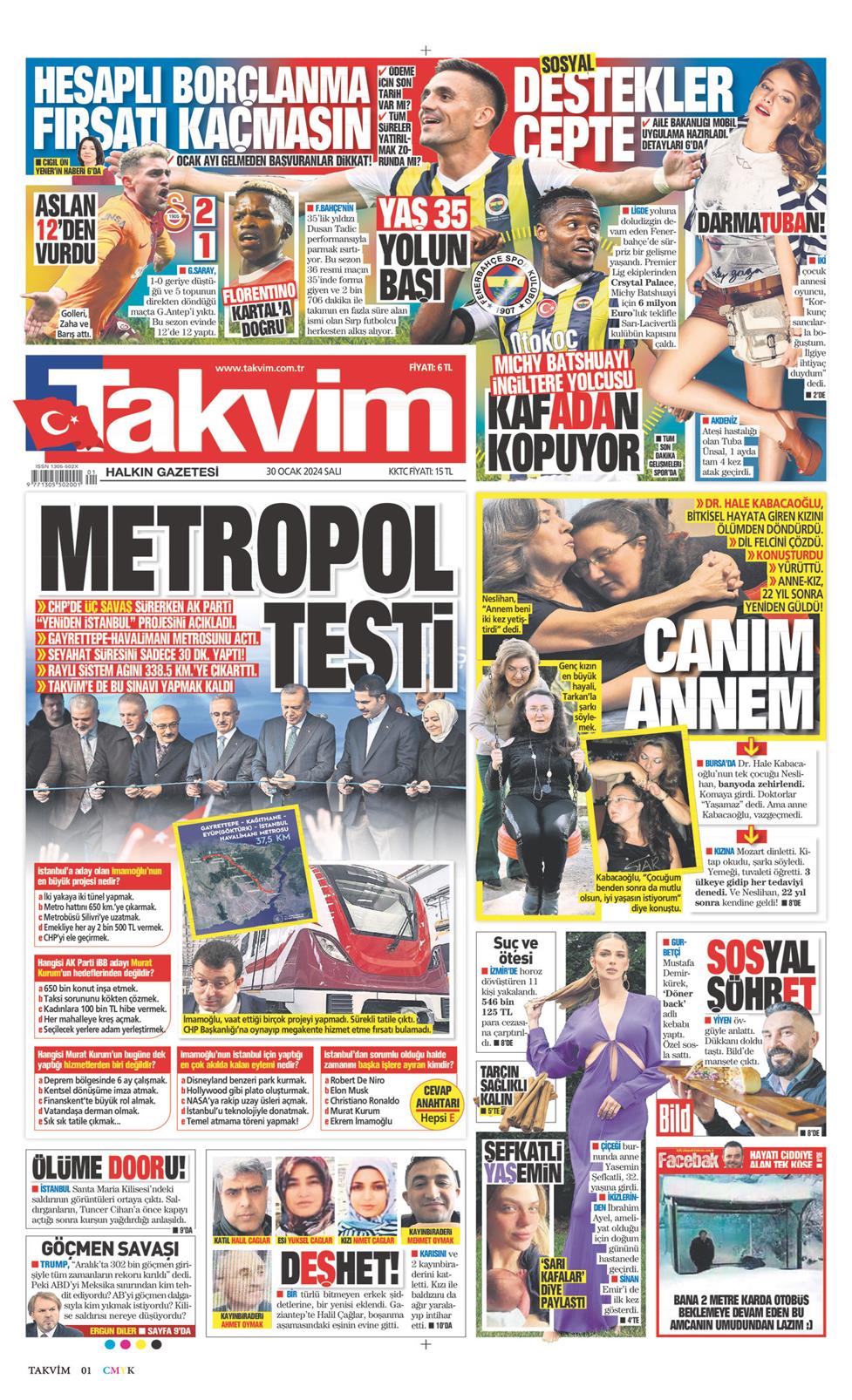 30 Ocak 2024 Salı - Takvim gazetesi manşet